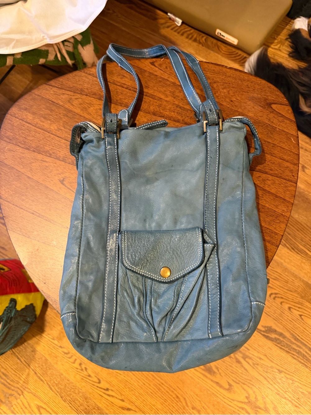 Vintage Campomaggi Teal Leather Tote Bag with Front Flap Pocket